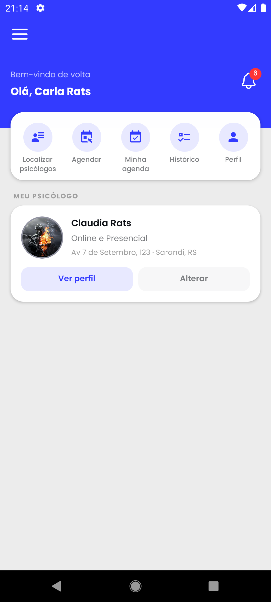 Tela "Início" do app do paciente