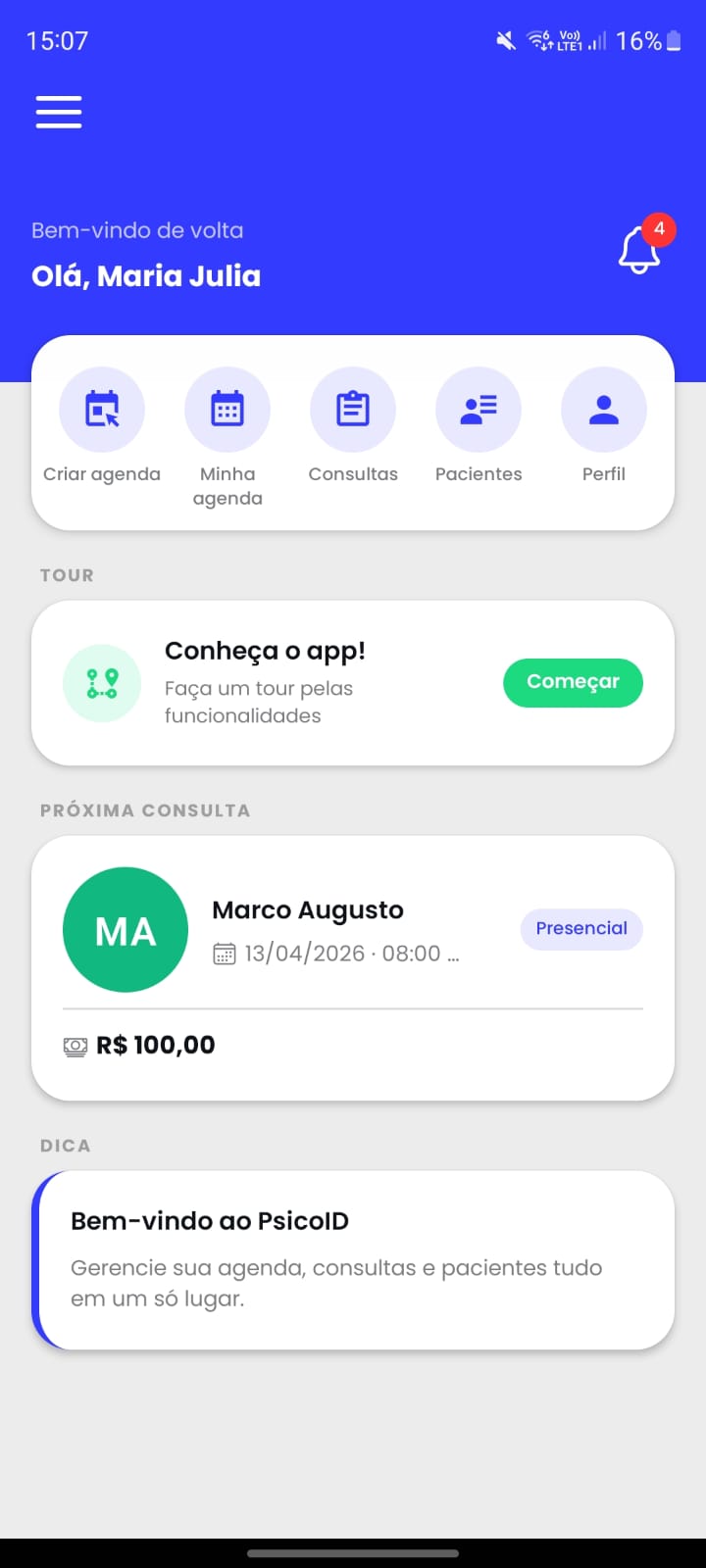 Tela "Início" do app PsicoID