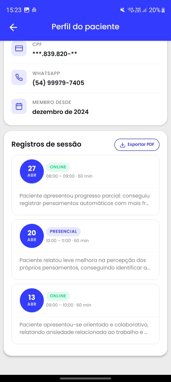 Tela "Registros de sessão" do app PsicoID