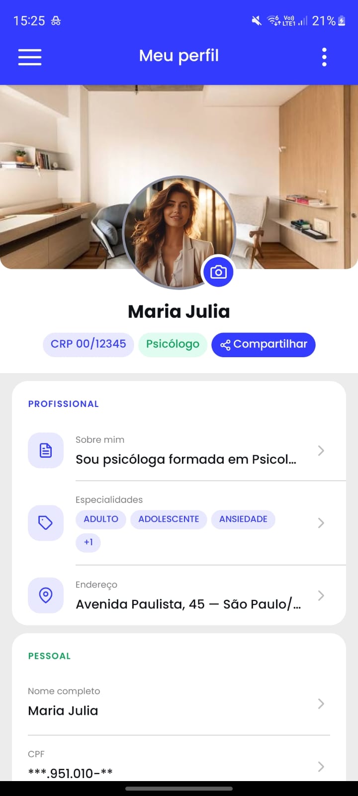 Tela "Meu perfil" do app PsicoID