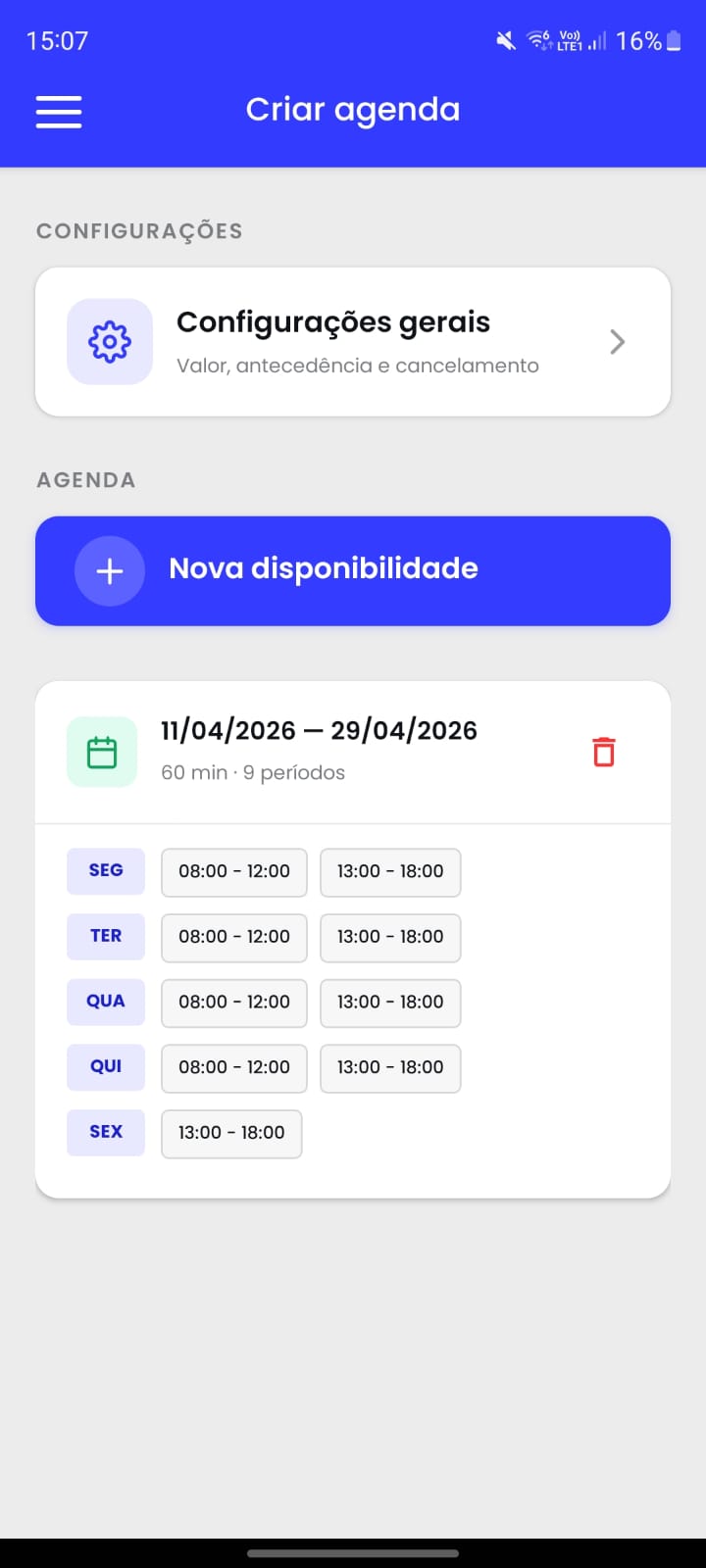 Tela "Criar agenda" do app PsicoID