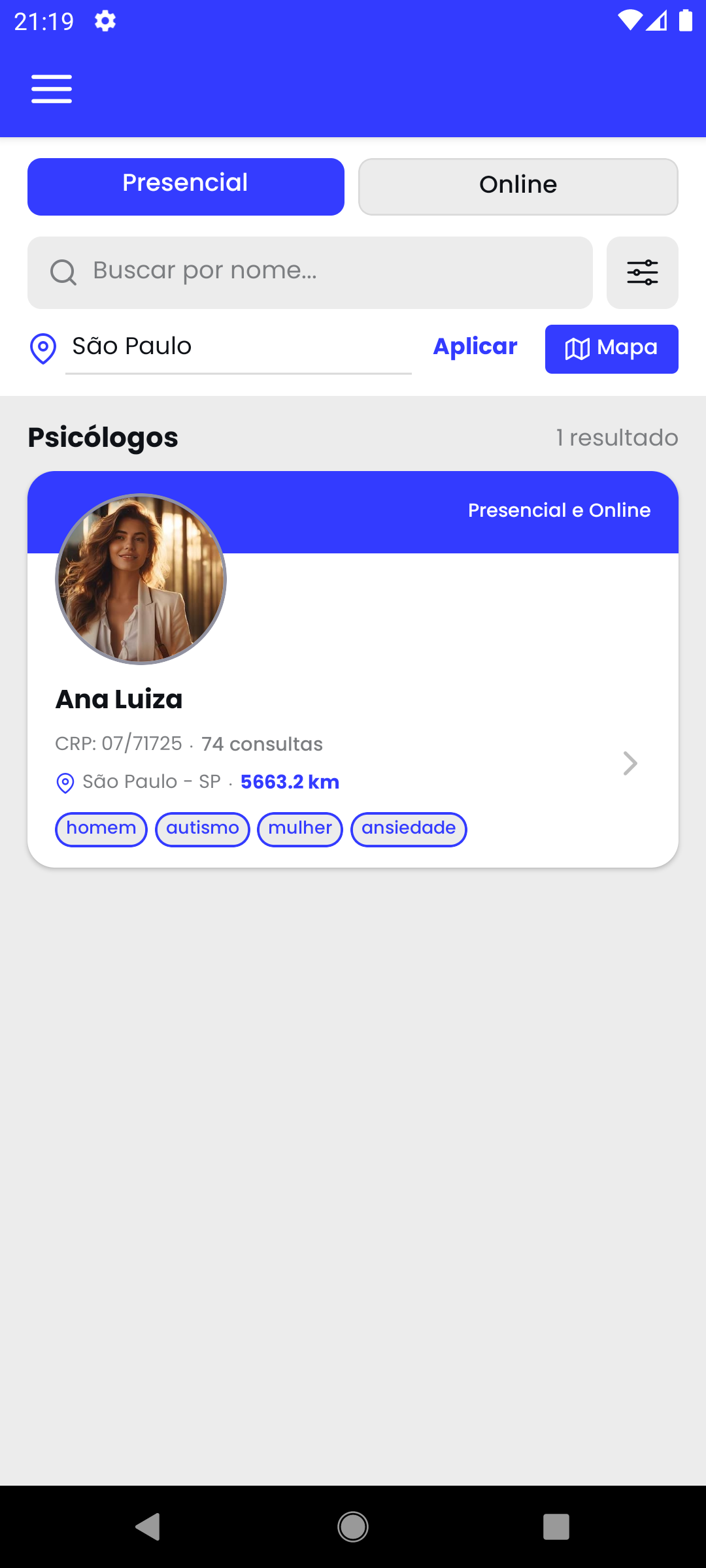Tela "Buscar psicólogo" do app do paciente