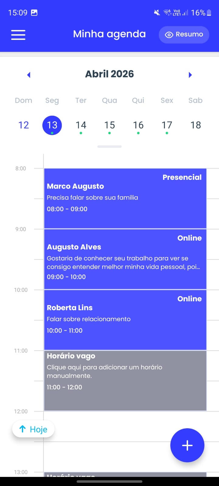 Tela "Minha agenda" do app PsicoID