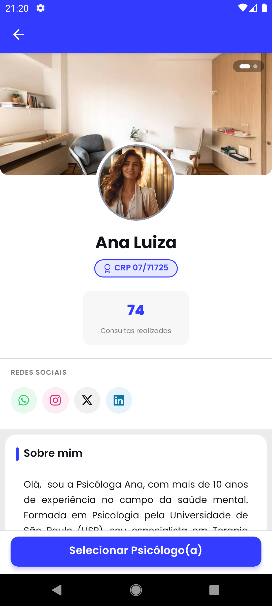 Tela "Perfil do profissional" do app do paciente