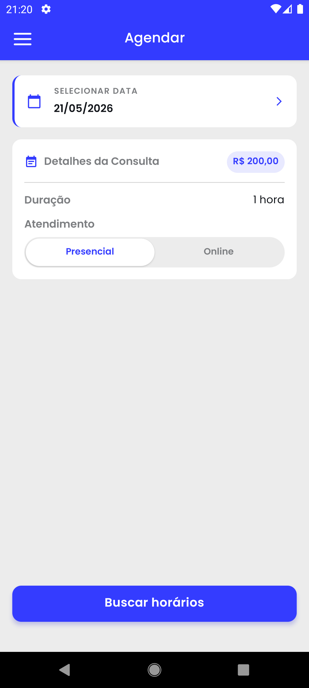 Tela "Agendar consulta" do app do paciente