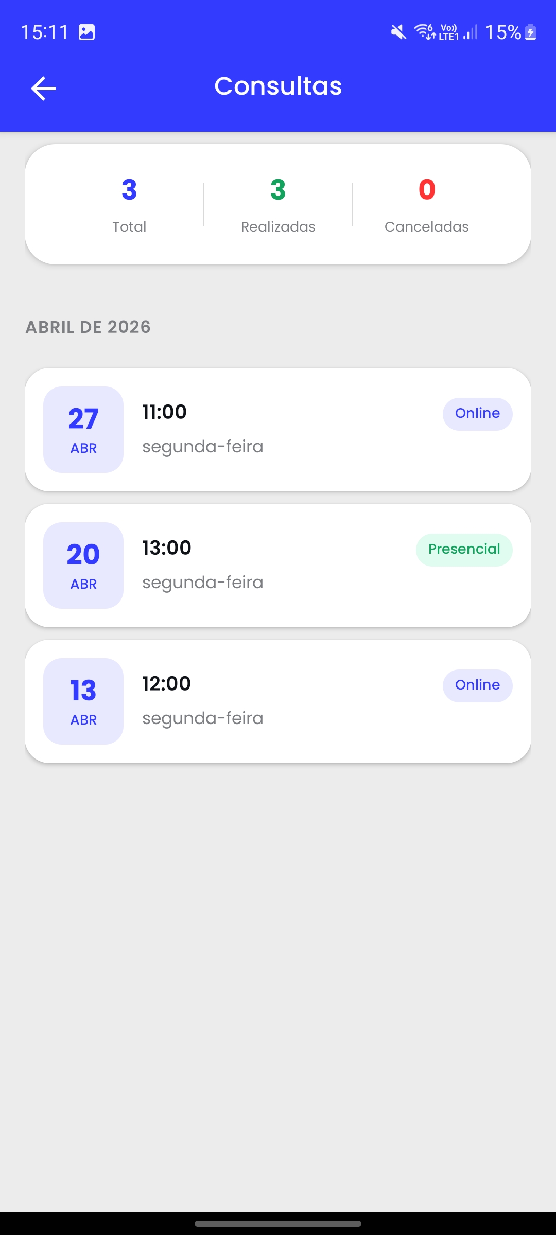 Tela "Consultas" do app PsicoID