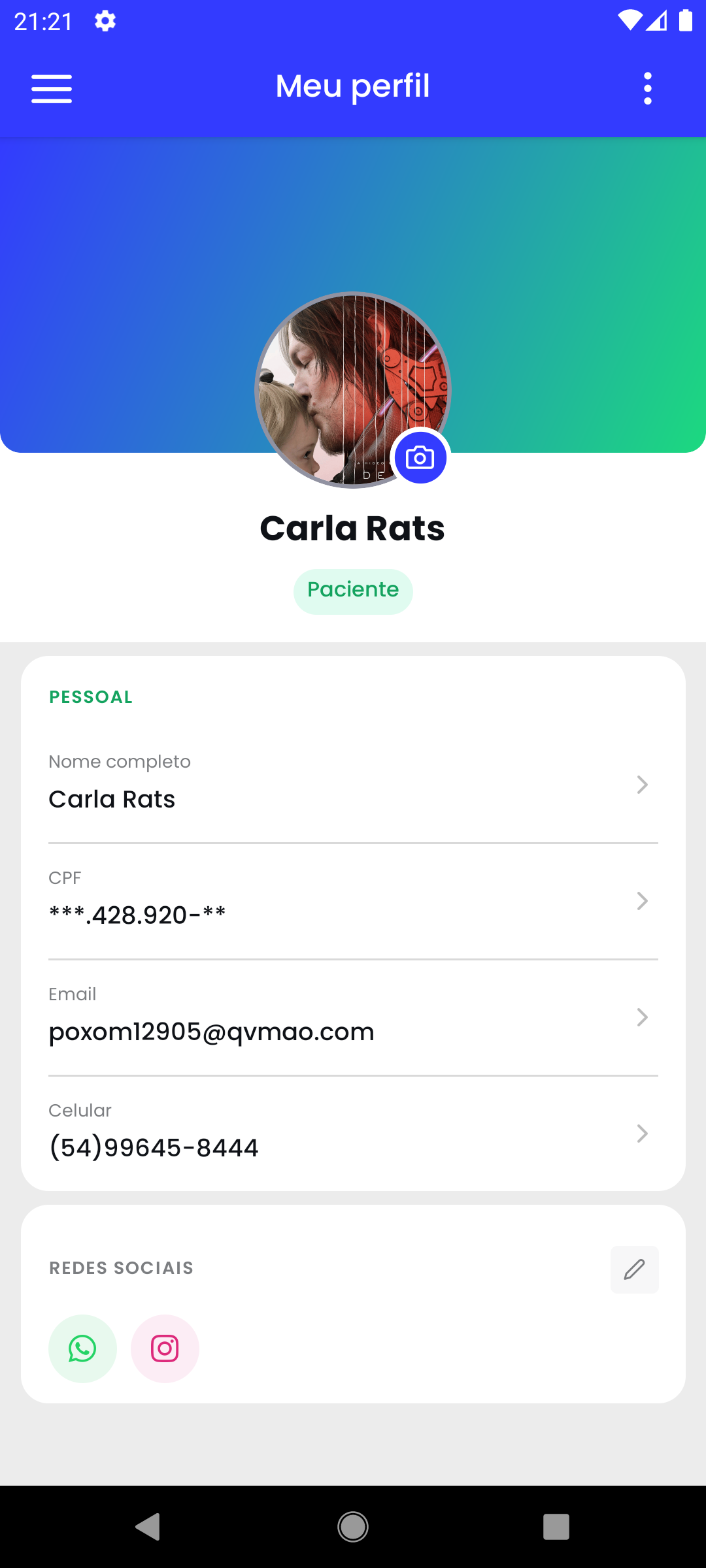 Tela "Meu perfil" do app do paciente
